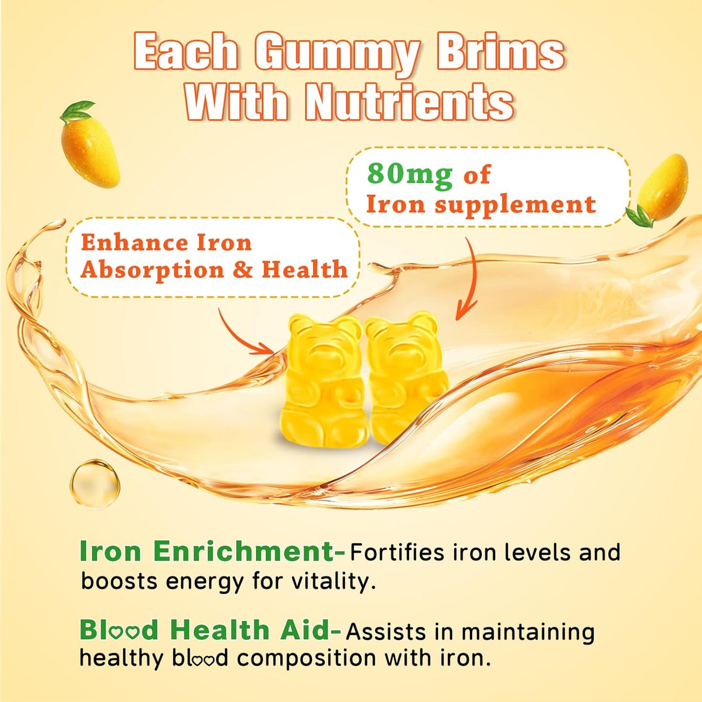 Vegan Iron Gummies 2 Pack for Anemia & Energy Boost - Iron Supplement with Vitamin B12, C, Zinc - 120 Count Sugar-Free Mango Flavor