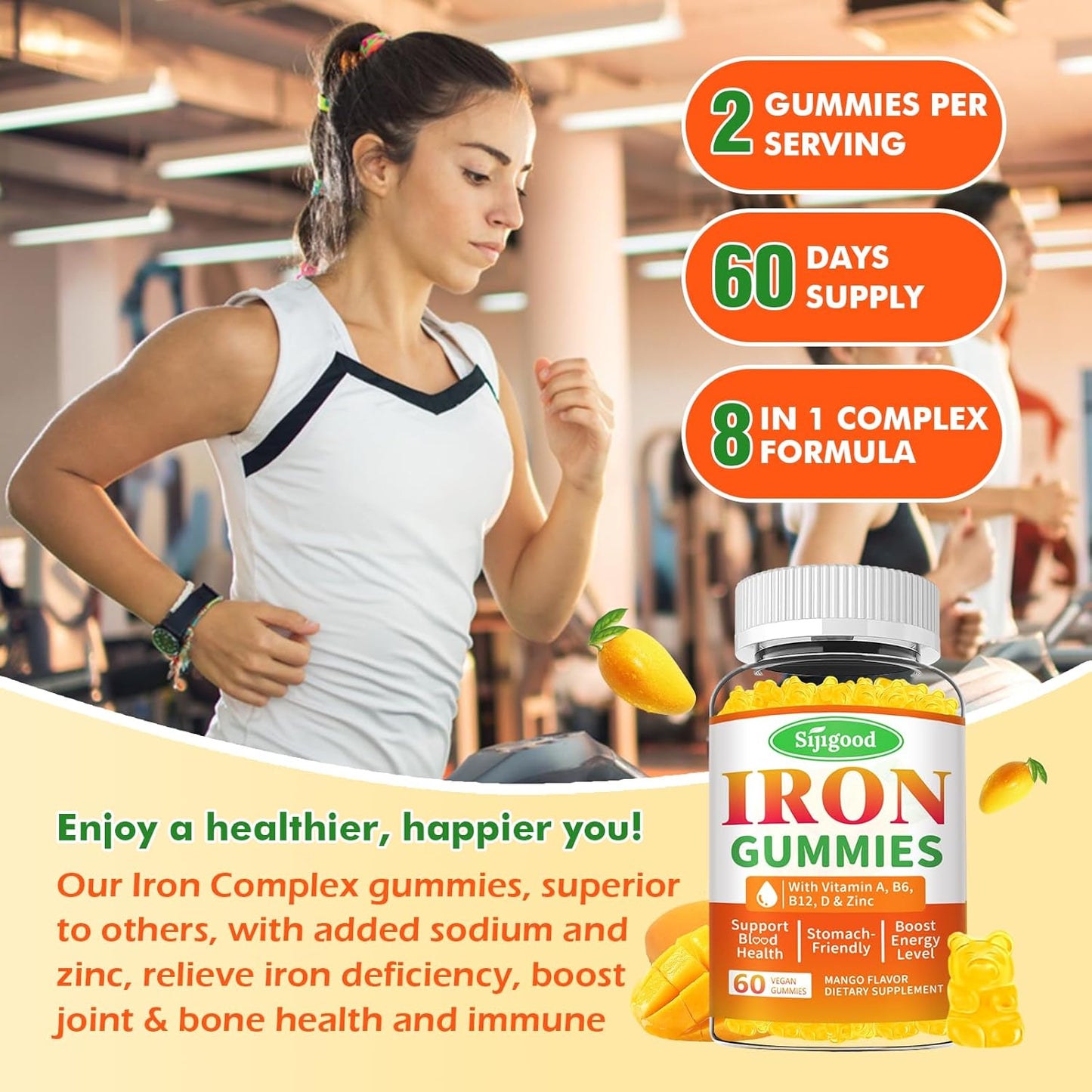 Vegan Iron Gummies 2 Pack for Anemia & Energy Boost - Iron Supplement with Vitamin B12, C, Zinc - 120 Count Sugar-Free Mango Flavor