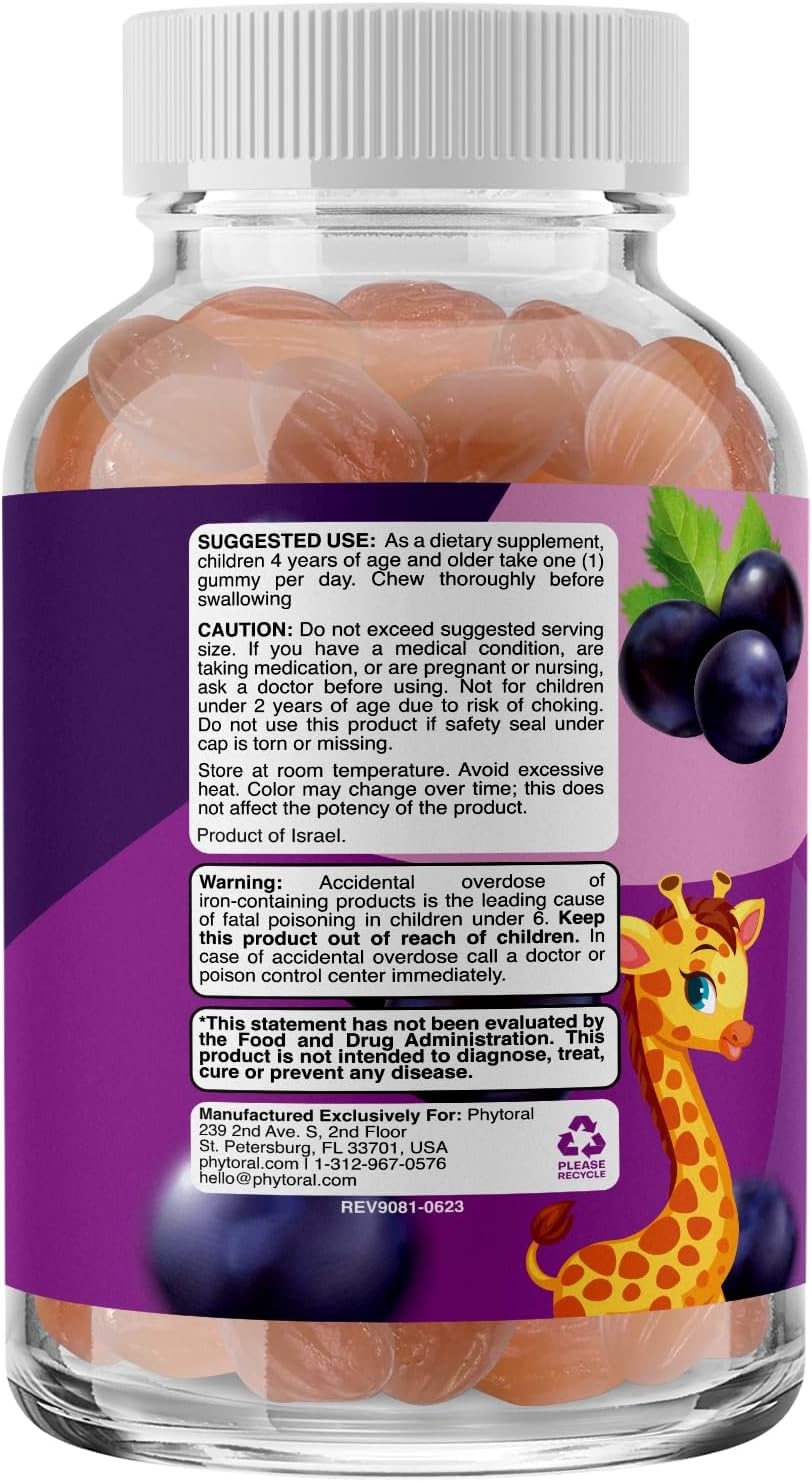 Vegan Iron Gummies for Kids with Vitamin C - Immunity & Energy Support - Gentle Blood Builder Supplements with Vitamin B6, B12, A, Niacin, Folate - 60 Count