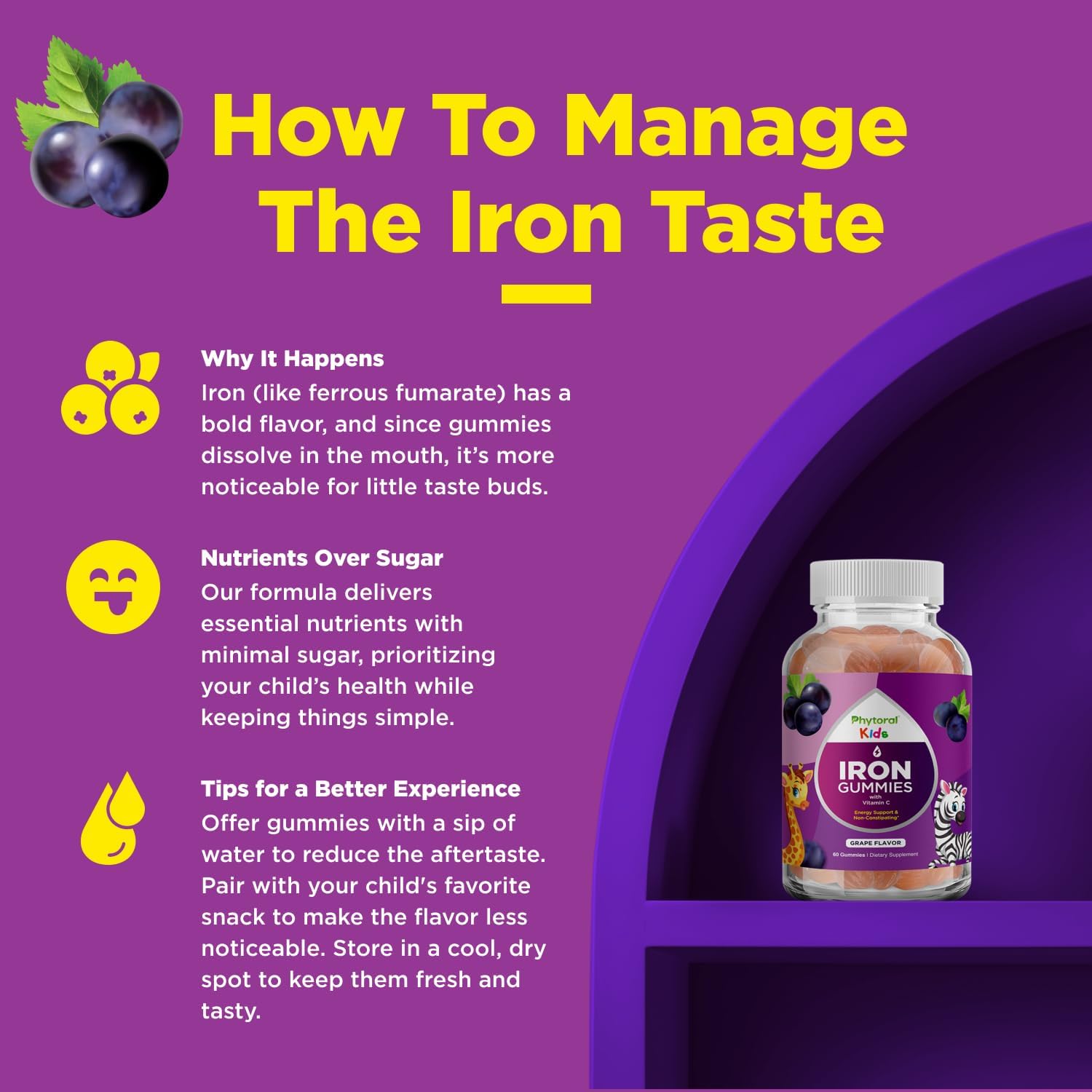 Vegan Iron Gummies for Kids with Vitamin C - Immunity & Energy Support - Gentle Blood Builder Supplements with Vitamin B6, B12, A, Niacin, Folate - 60 Count