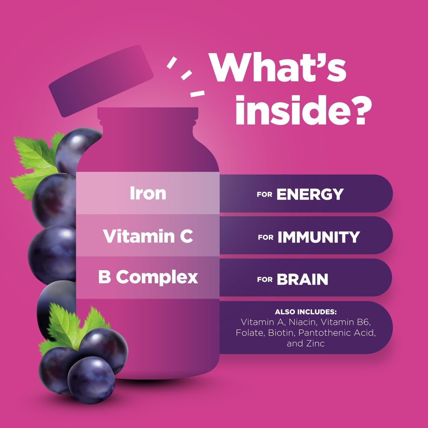 Vegan Iron Gummies for Kids with Vitamin C - Immunity & Energy Support - Gentle Blood Builder Supplements with Vitamin B6, B12, A, Niacin, Folate - 60 Count