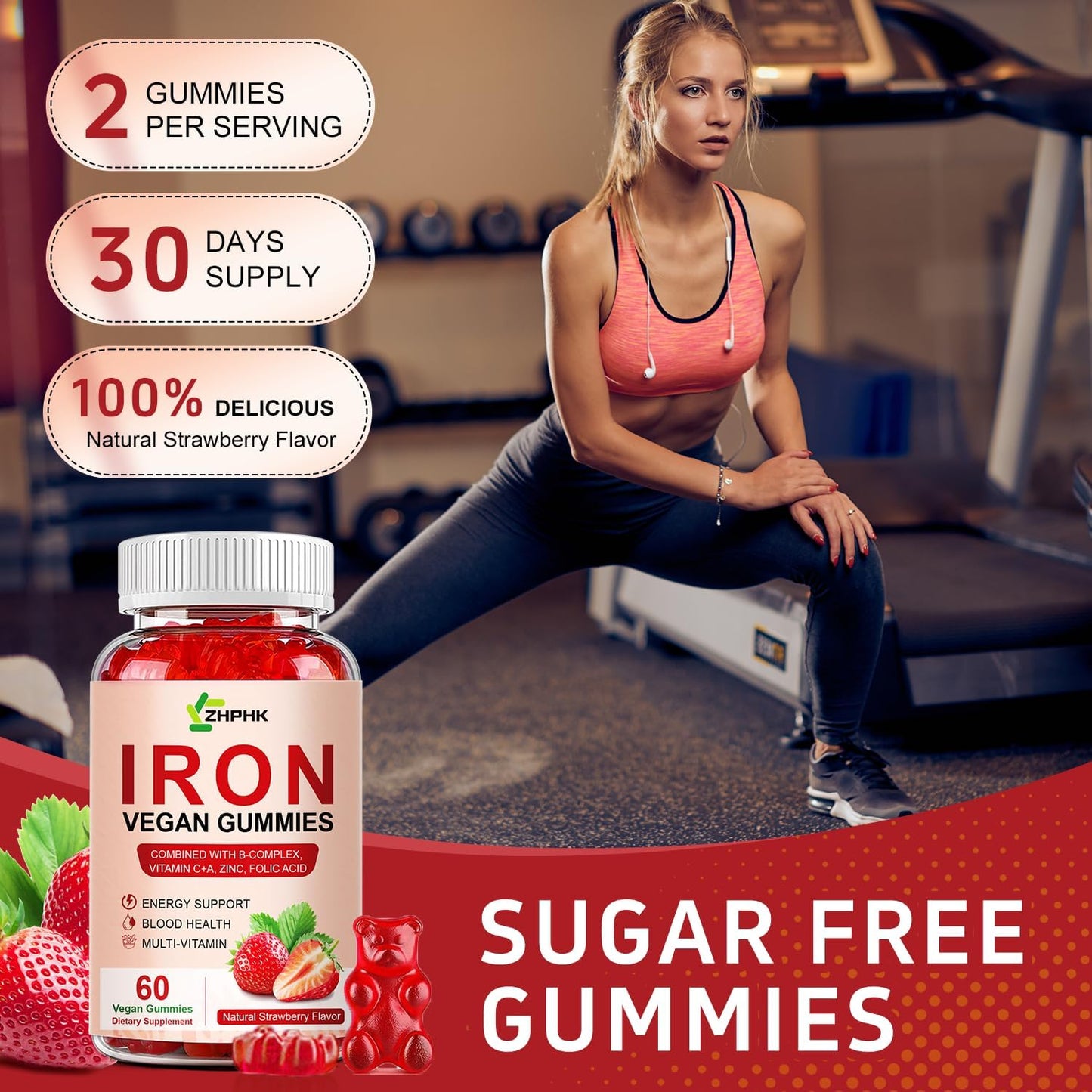 Vegan Iron Gummies for Women with Vitamin C, A, B-Complex, Zinc, Folate - 65mg Iron for Anemia, Energy Boost, Sleep - Non-GMO