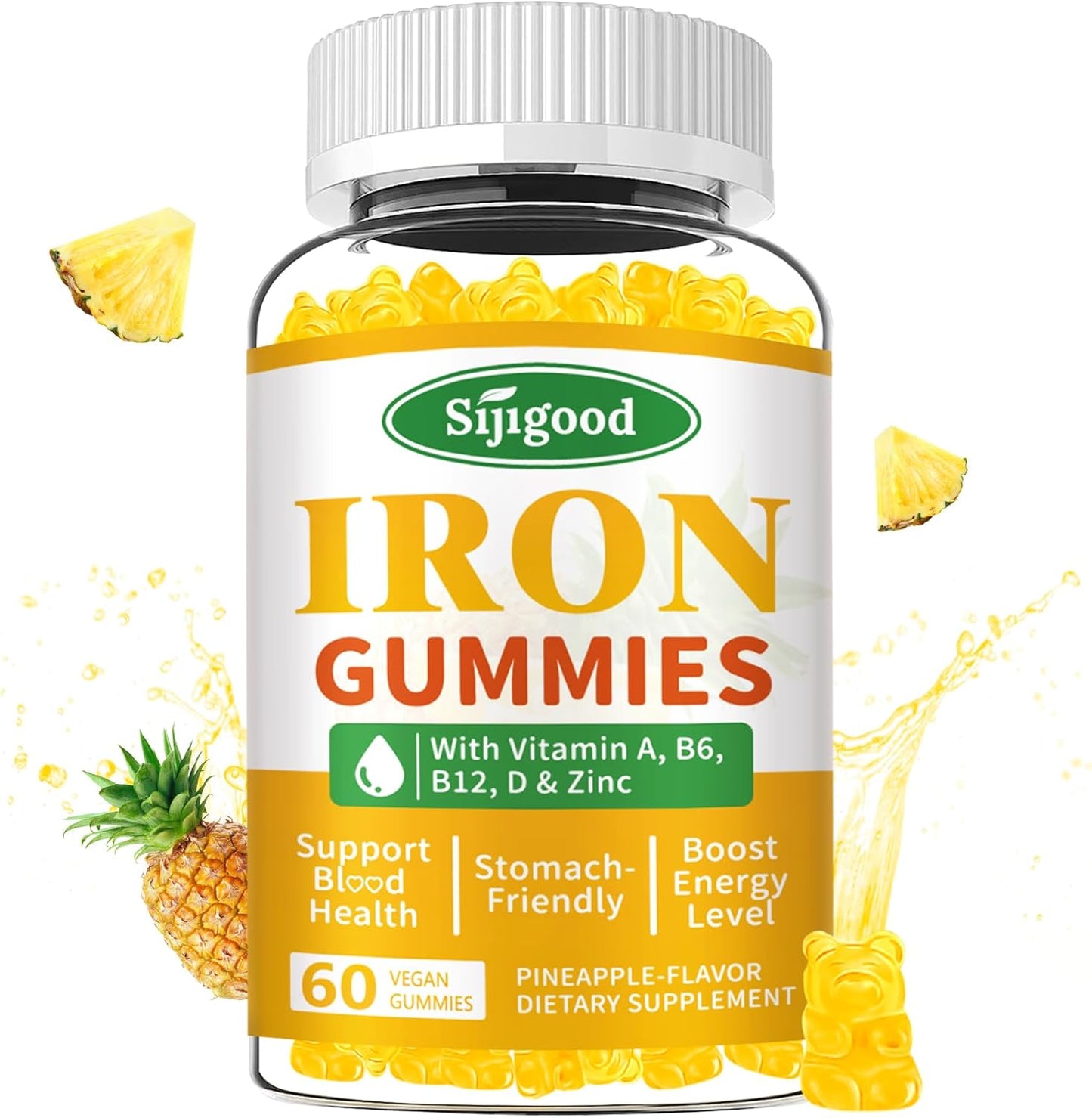 Vegan Iron Gummies with Vitamin B12 & C for Anemia & Energy Boost - Pineapple Flavor, 60 Count