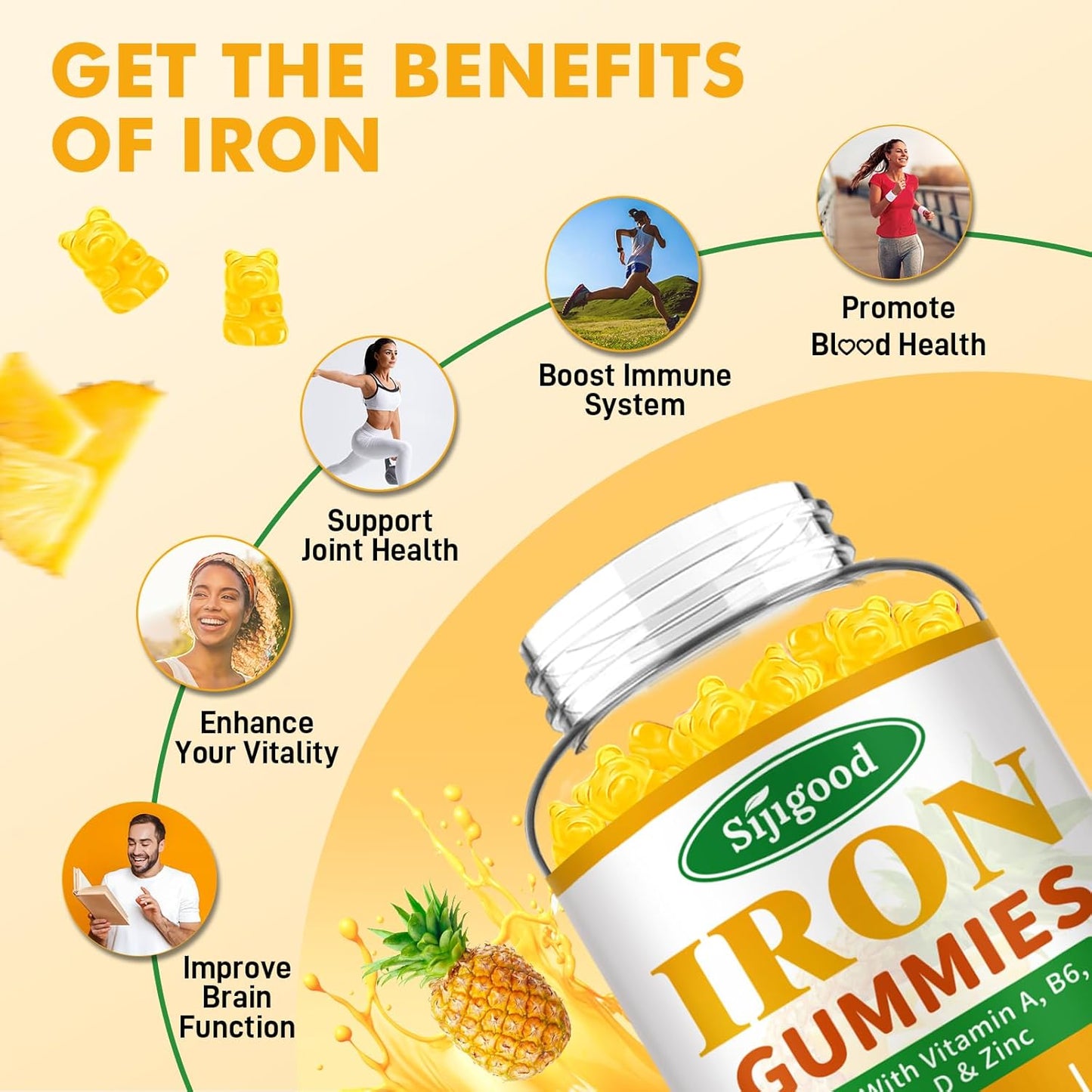 Vegan Iron Gummies with Vitamin B12 & C for Anemia & Energy Boost - Pineapple Flavor, 60 Count