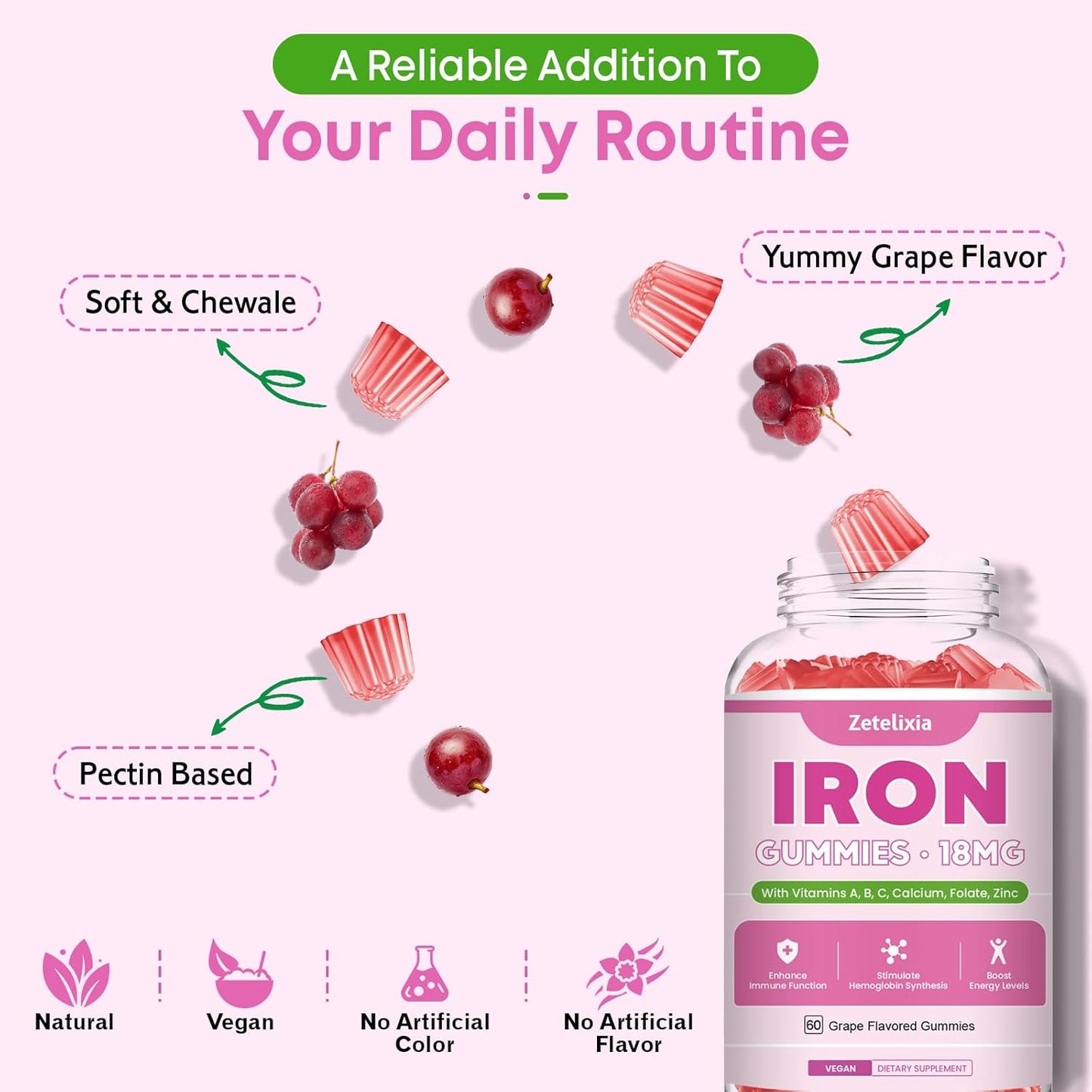 Vegan Iron Gummies with Vitamin C, B Complex, Folate, Beet Root, CoQ10, Zinc - 60ct - Blood Builder & Energy Support for Adults & Kids