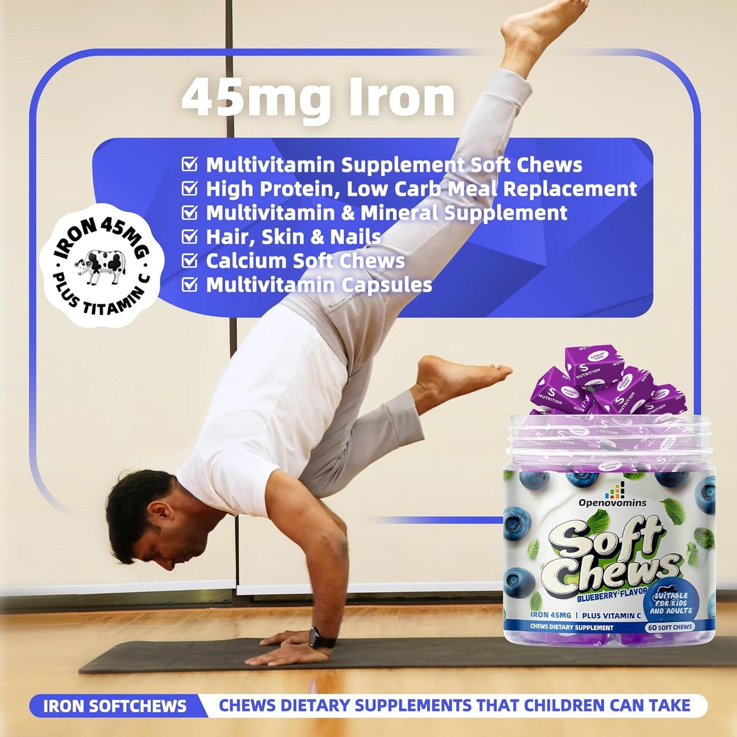 Vegan Iron Supplement Chews with Vitamin C for Energy Support - 60 Blueberry SoftChews for Women, Men, and Kids - 2 Month Supply