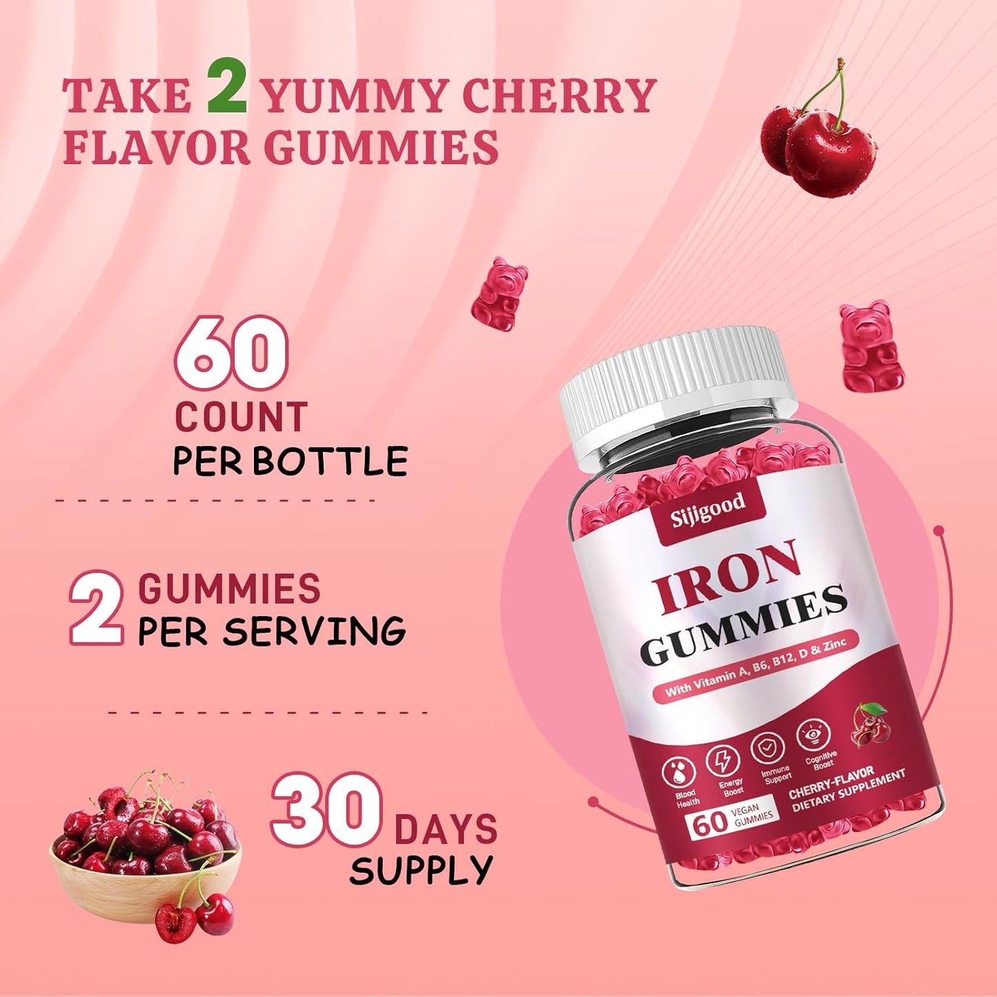 Vegan Iron Supplement for Women with Vitamin A, C, B6, B12, Folate, and Zinc - Energy Boost, Sugar Free, Cherry Flavor - 60 Count