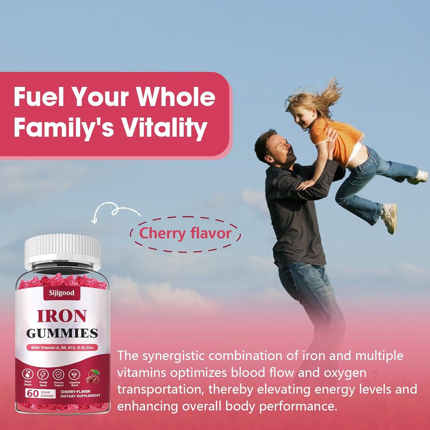 Vegan Iron Supplement for Women with Vitamin A, C, B6, B12, Folate, and Zinc - Energy Boost, Sugar Free, Cherry Flavor - 60 Count