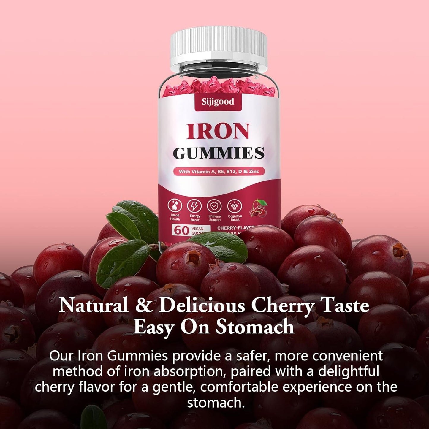 Vegan Iron Supplement for Women with Vitamin A, C, B6, B12, Folate, and Zinc - Energy Boost, Sugar Free, Cherry Flavor - 60 Count