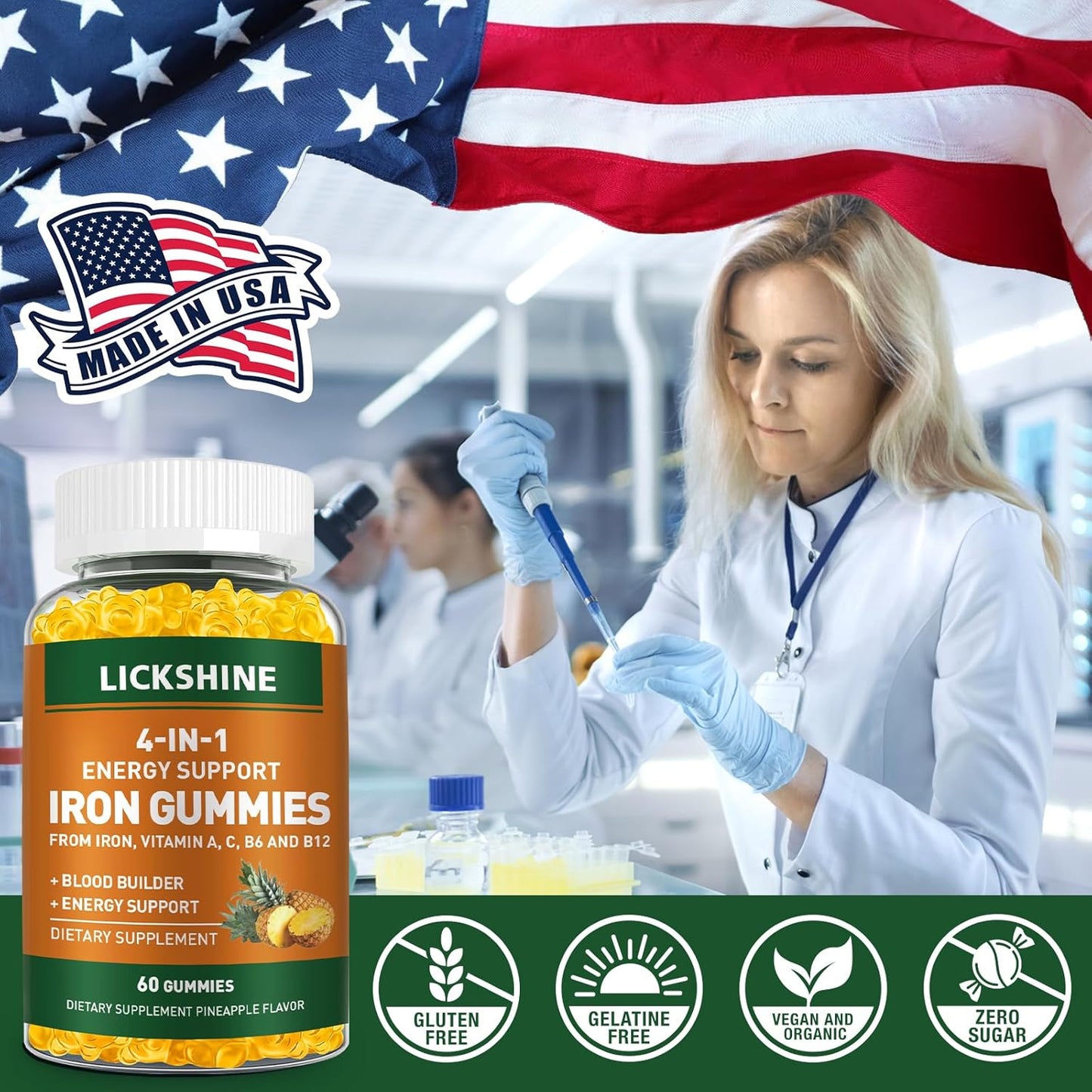 Vegan Iron Supplement Gummies 2 Pack - 100MG with Vitamins for Adults & Kids - Blood Builder & Energy Support - Peach Flavor (120 Ct)