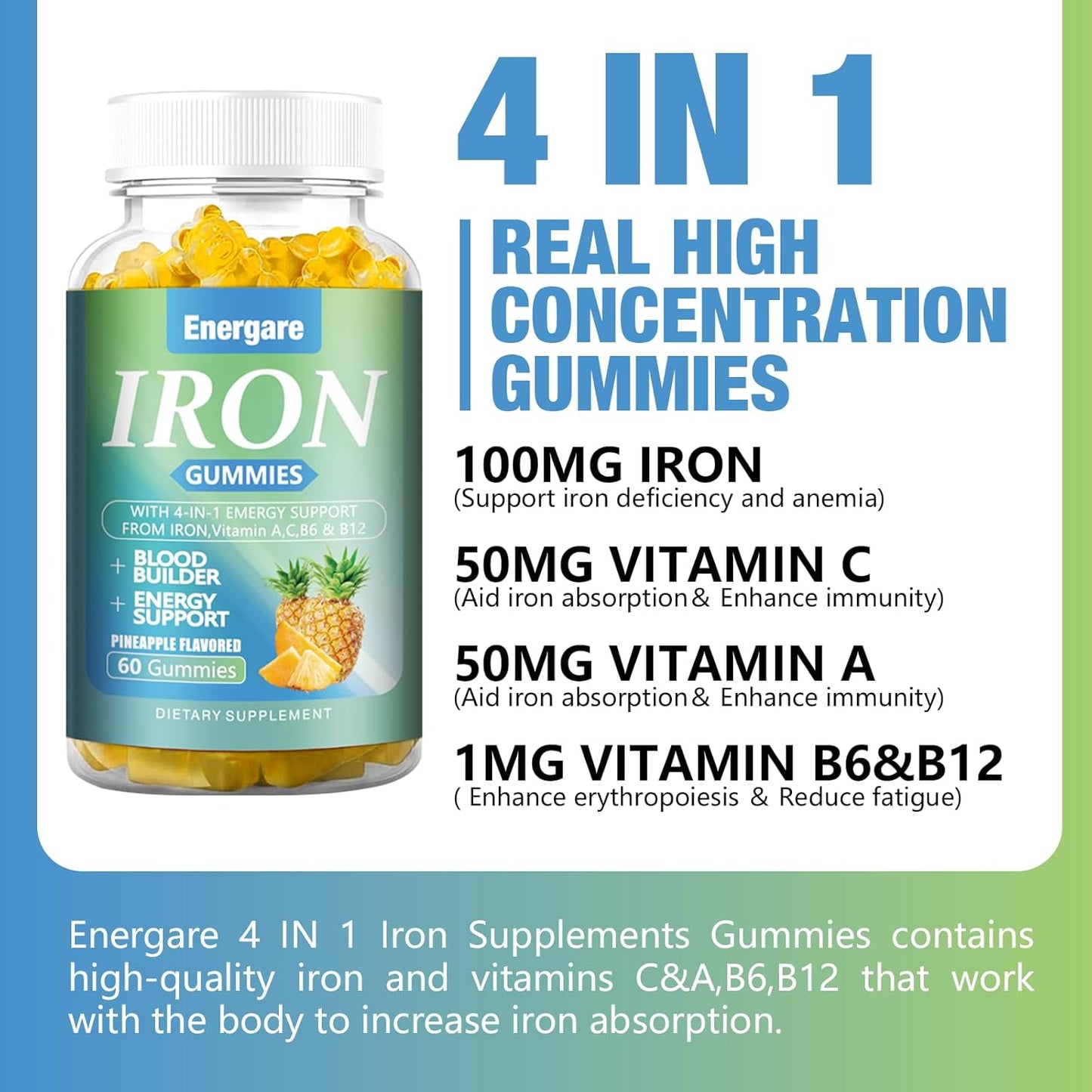 Vegan Iron Supplement Gummies with Vitamin A, C, B - Blood Builder & Energy Support - Pineapple Flavor - 60 Count