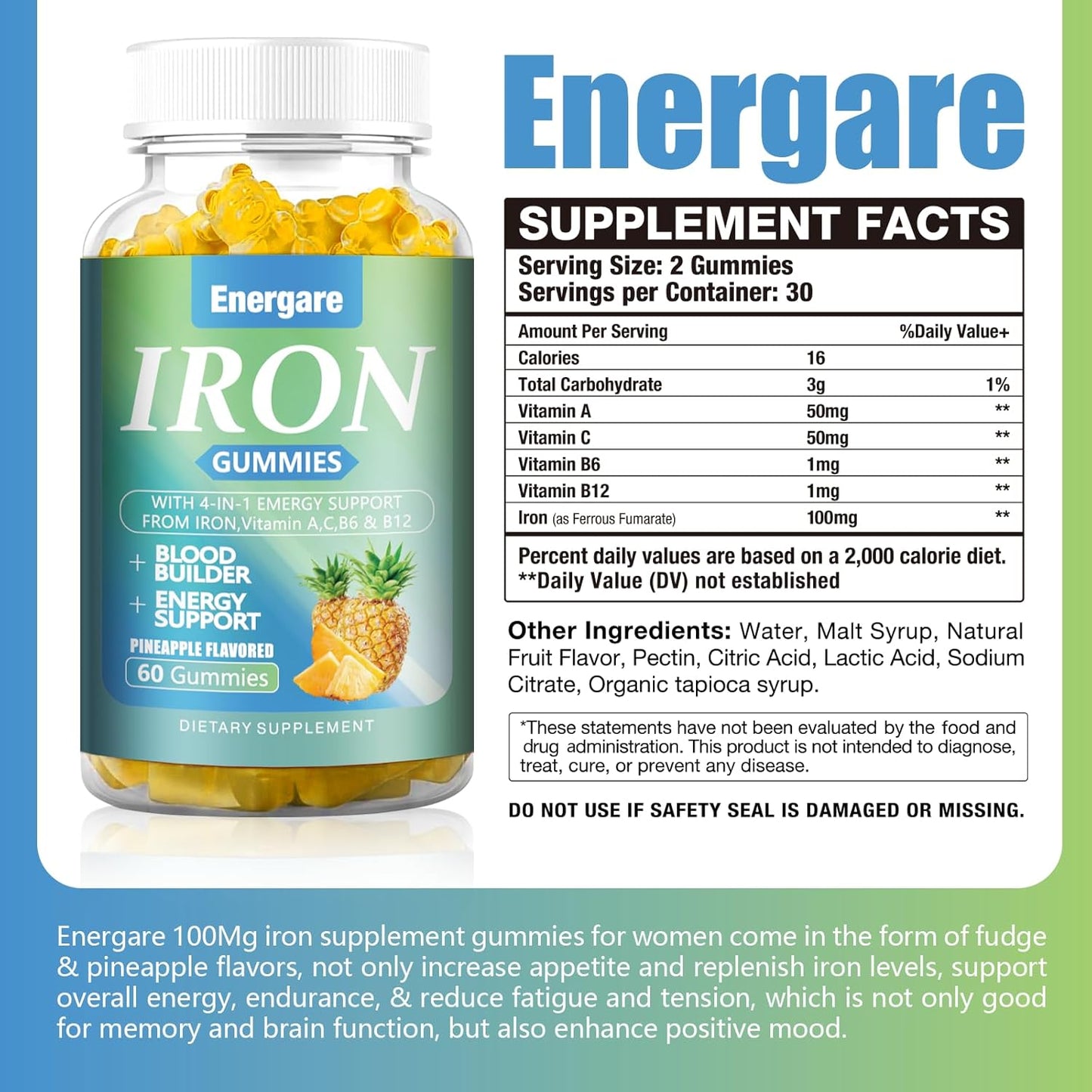 Vegan Iron Supplement Gummies with Vitamin A, C, B - Blood Builder & Energy Support - Pineapple Flavor - 60 Count