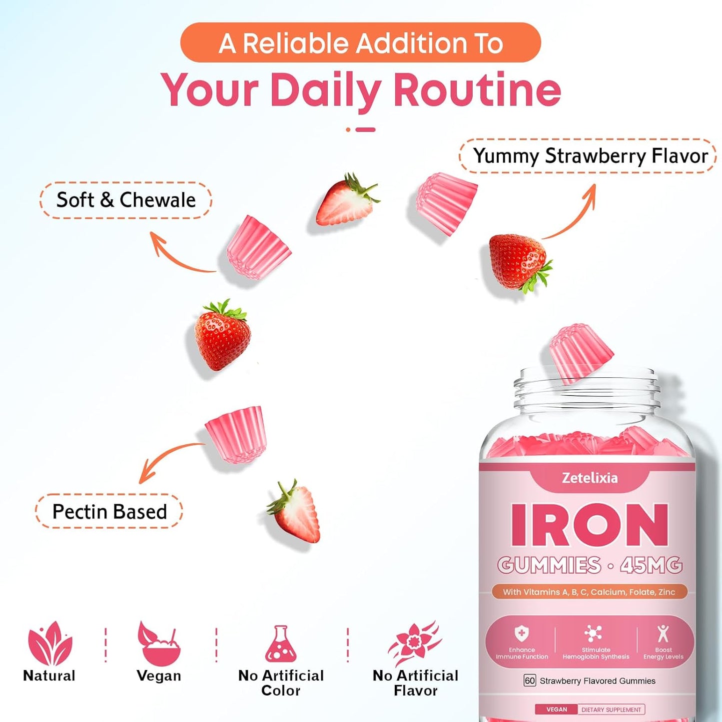 Vegan Iron Supplement Gummies with Vitamins for Energy Support, Anemia, 2 Pack, 120 Count