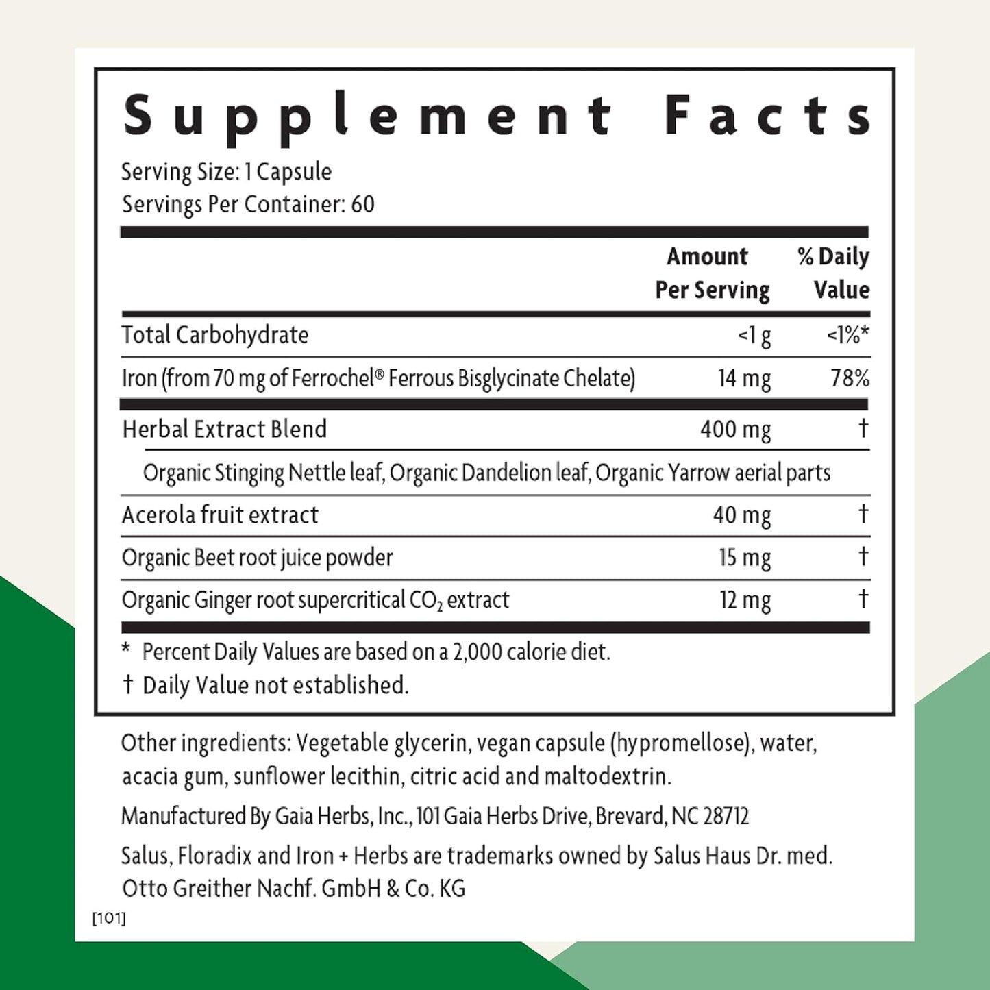 Vegan Iron Supplement with Herbs for Healthy Energy Support - Non-GMO, Gluten-Free, Soy-Free - 60 Liquid Phyto-Caps