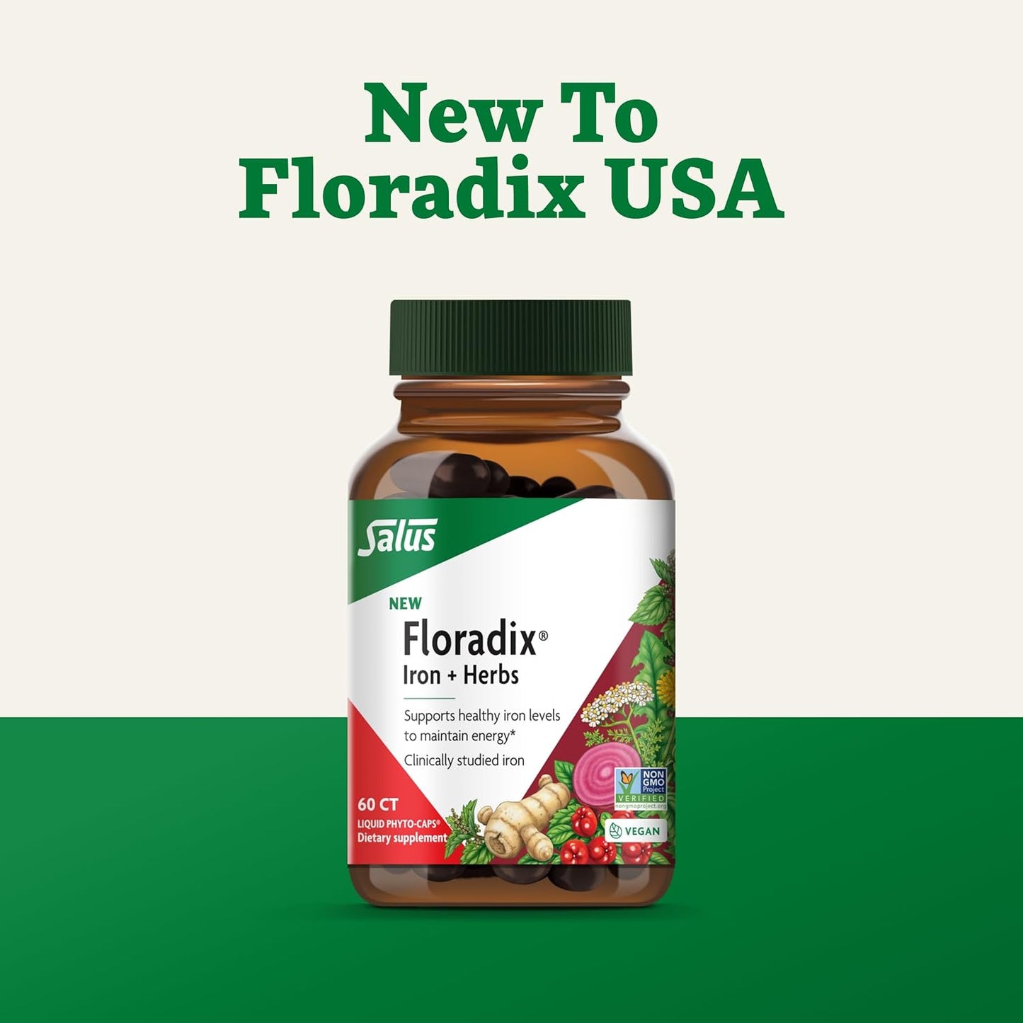 Vegan Iron Supplement with Herbs for Healthy Energy Support - Non-GMO, Gluten-Free, Soy-Free - 60 Liquid Phyto-Caps