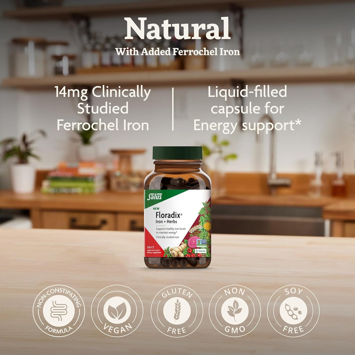 Vegan Iron Supplement with Herbs for Healthy Energy Support - Non-GMO, Gluten-Free, Soy-Free - 120 Liquid Capsules