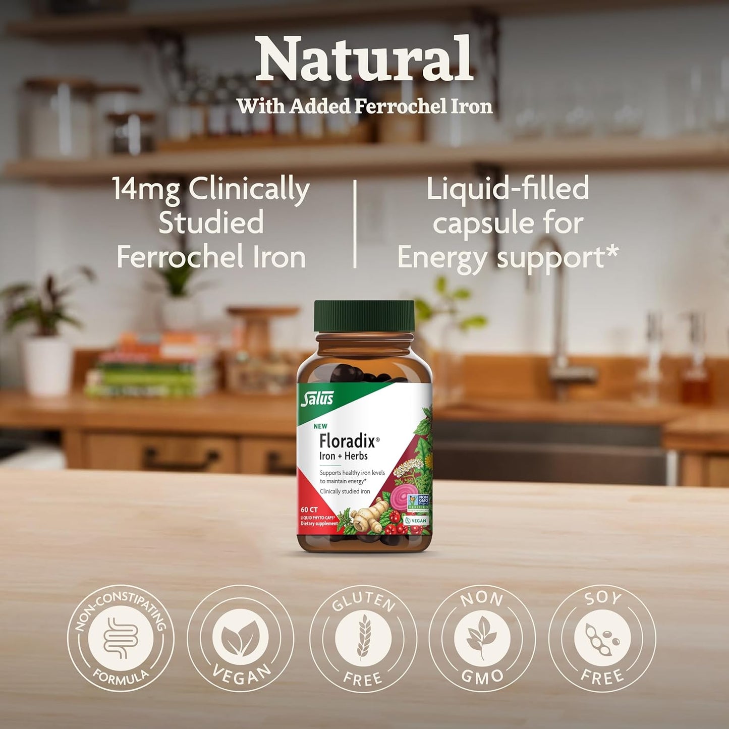 Vegan Iron Supplement with Herbs for Healthy Energy Support - Non-GMO, Gluten-Free, Soy-Free - 60 Liquid Phyto-Caps