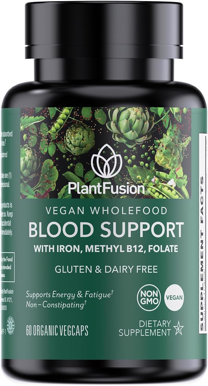 Vegan Iron Supplement with Vitamin C, B12, Folate - Non-Constipating Iron Pills for Energy & Blood Support - 60 Capsules