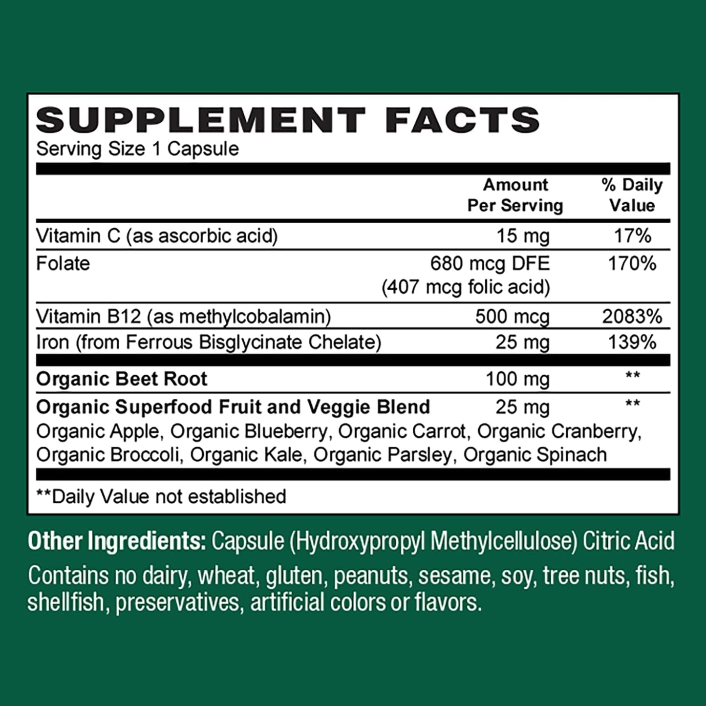 Vegan Iron Supplement with Vitamin C, B12, Folate - Non-Constipating Iron Pills for Energy & Blood Support - 60 Capsules