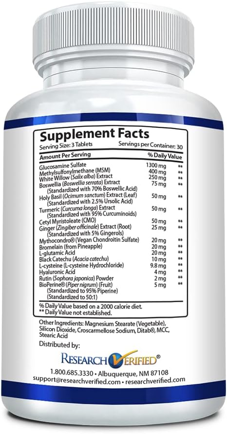 Vegan Joint Support Supplement with Glucosamine, MSM, Turmeric, Boswellia, BioPerine - 90 Capsules - 1 Month Supply