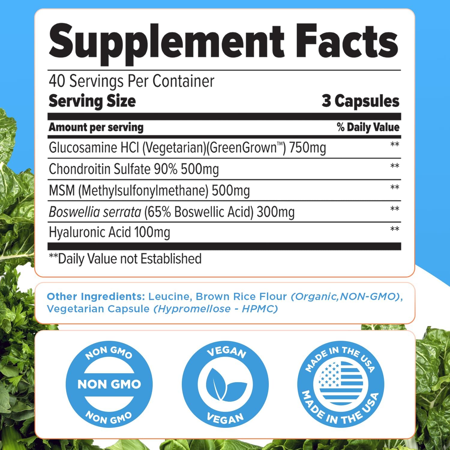 Vegan Joint Support Supplement with Glucosamine, MSM, and Hyaluronic Acid - Non-GMO & Gluten-Free - 120 Capsules