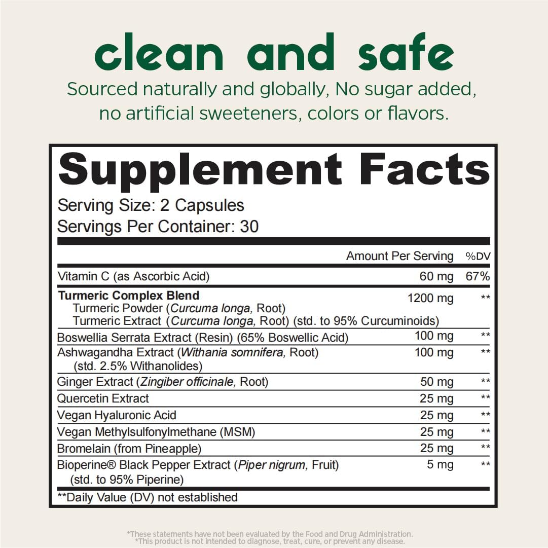 Vegan Joint Support Supplement with Turmeric, MSM, Boswellia, Quercetin - Supports Joint Mobility, Flexibility, and Cartilage Repair for Healthy Aging (60 Count)