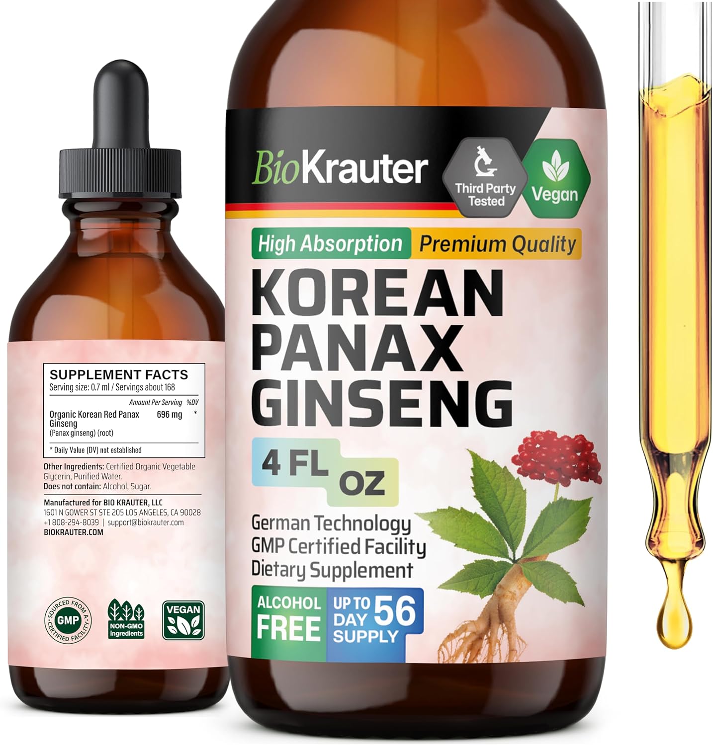 Vegan Korean Red Ginseng Extract Liquid for Immune Support - Alcohol & Sugar Free Panax Ginseng Supplement - 4 Fl. Oz.