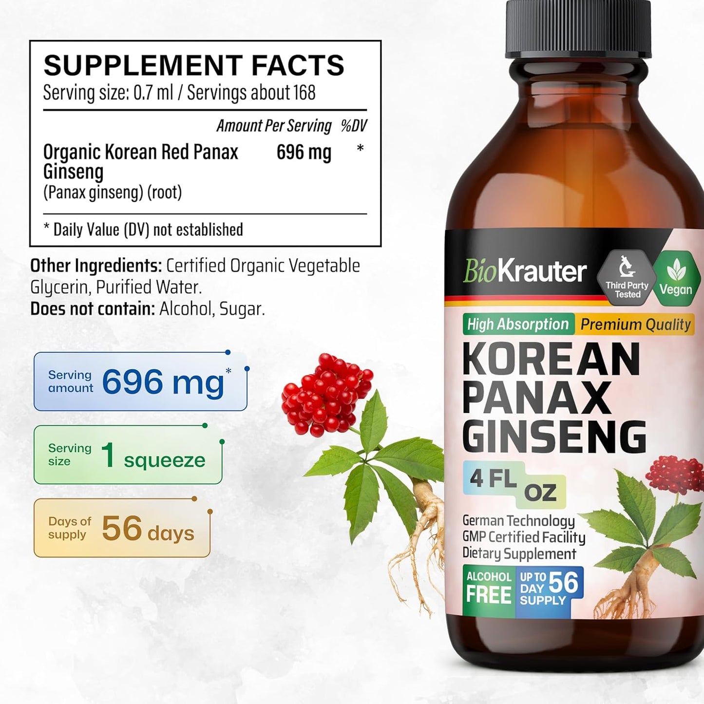 Vegan Korean Red Ginseng Extract Liquid for Immune Support - Alcohol & Sugar Free Panax Ginseng Supplement - 4 Fl. Oz.