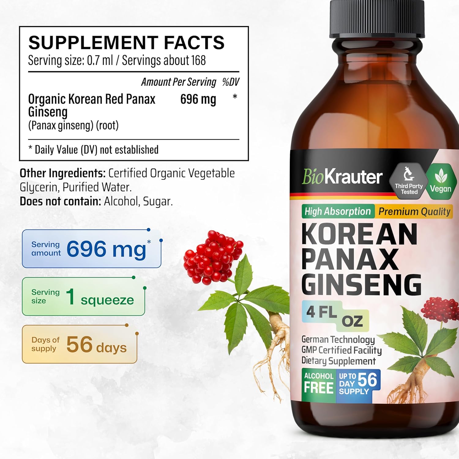 Vegan Korean Red Ginseng Extract Liquid for Immune Support - Alcohol & Sugar Free Panax Ginseng Supplement - 4 Fl. Oz.