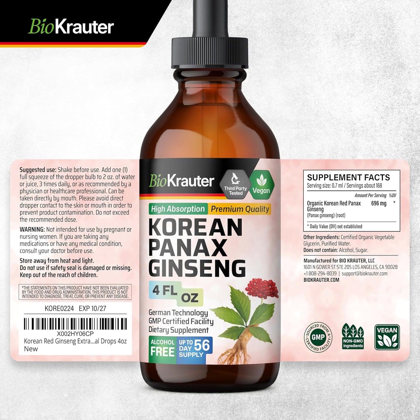 Vegan Korean Red Ginseng Extract Liquid for Immune Support - Alcohol & Sugar Free Panax Ginseng Supplement - 4 Fl. Oz.