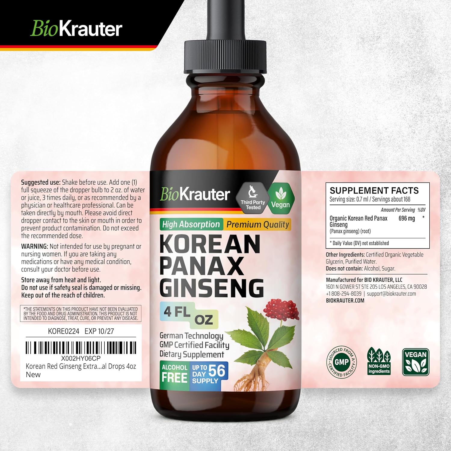 Vegan Korean Red Ginseng Extract Liquid for Immune Support - Alcohol & Sugar Free Panax Ginseng Supplement - 4 Fl. Oz.