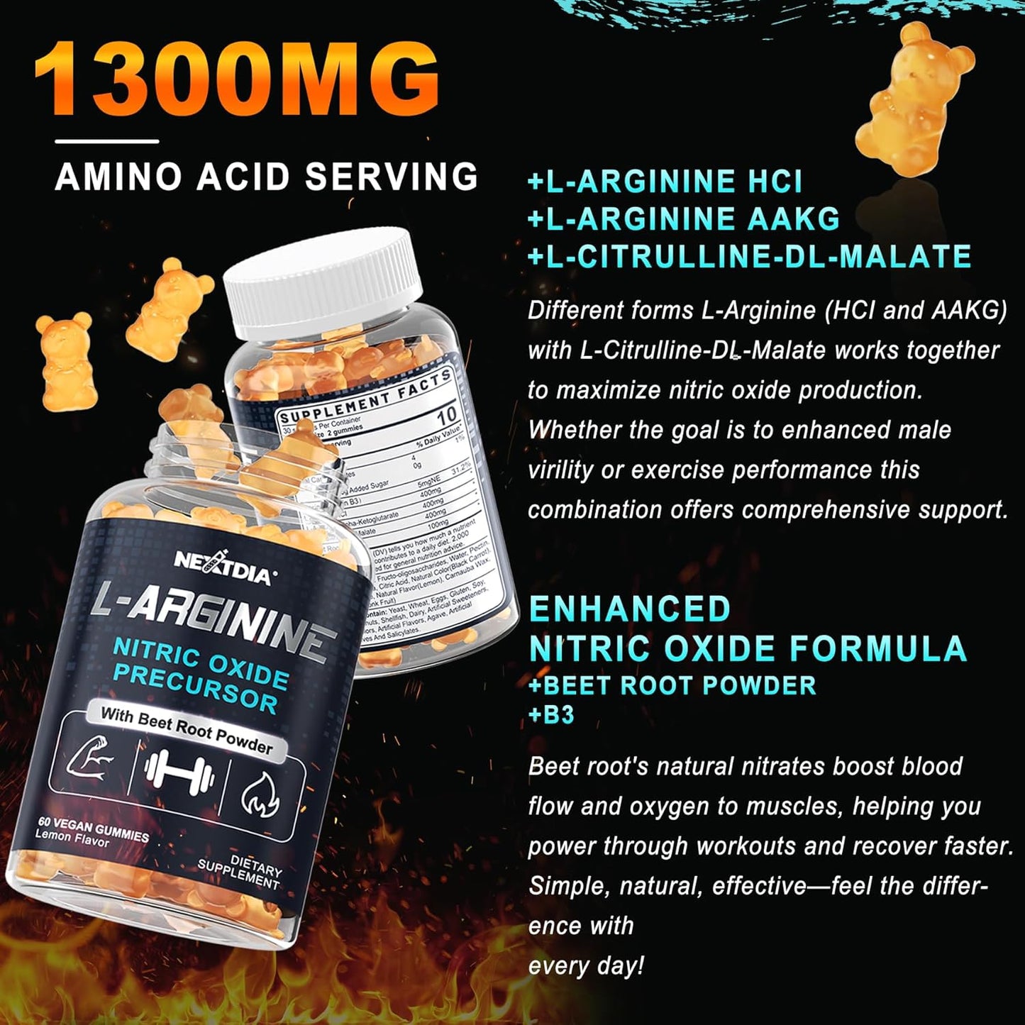 Vegan L Arginine Nitric Oxide Gummies 1300mg with L Citrulline and Beet Root for Performance and Muscle Growth - 120 Count