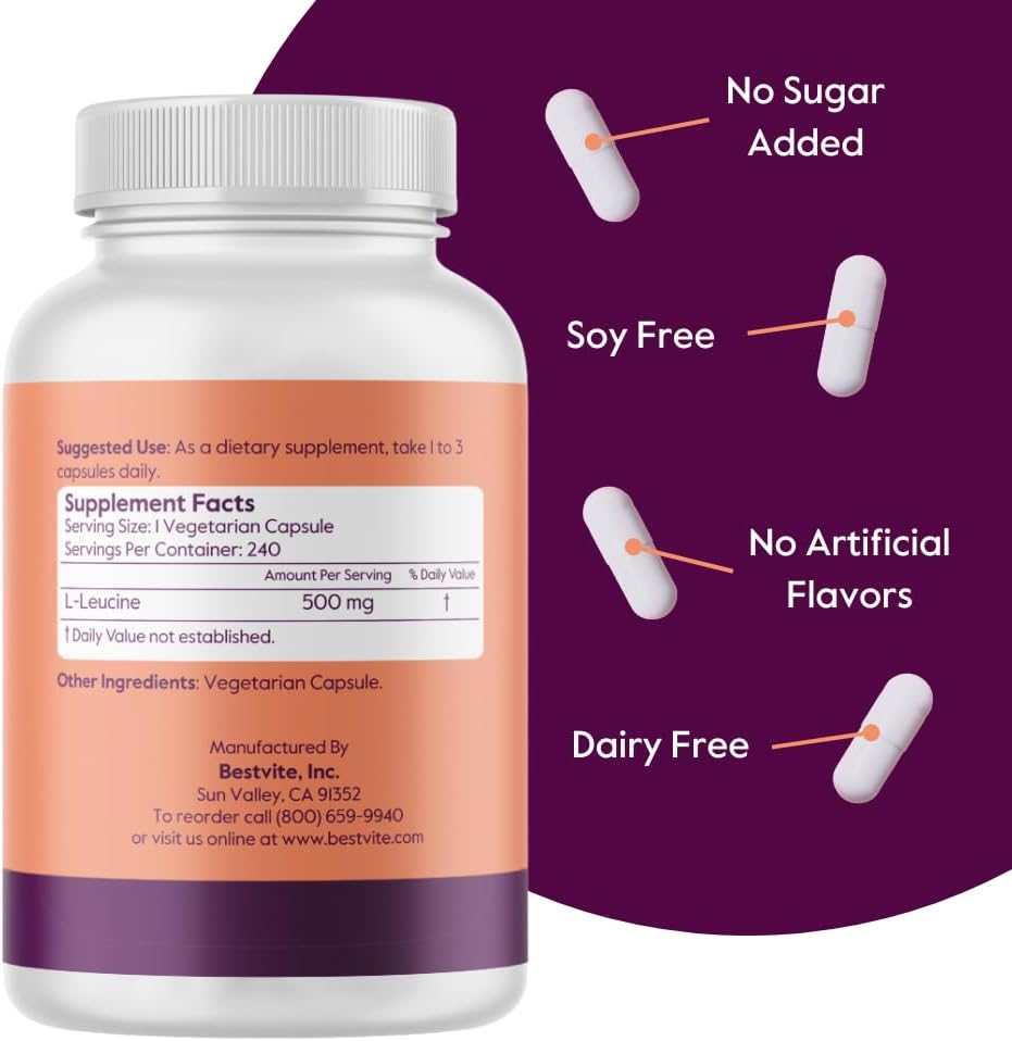 Vegan L-Leucine Capsules 500mg (240 ct) - Non GMO, Gluten Free - No Stearates, Fillers, Flow Agents