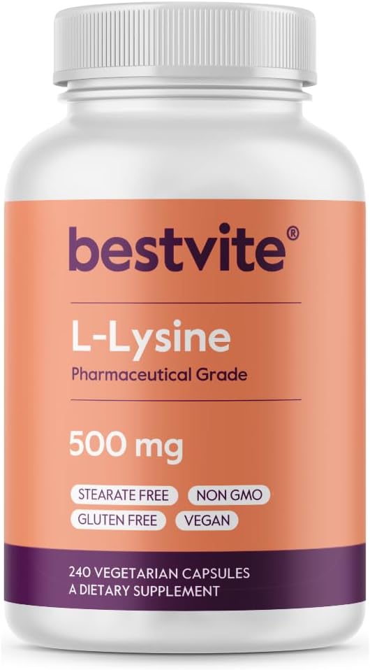 Vegan L-Lysine 500mg Capsules (240 Count) - Non GMO, Gluten Free, No Fillers or Flow Agents - Vegetarian Friendly