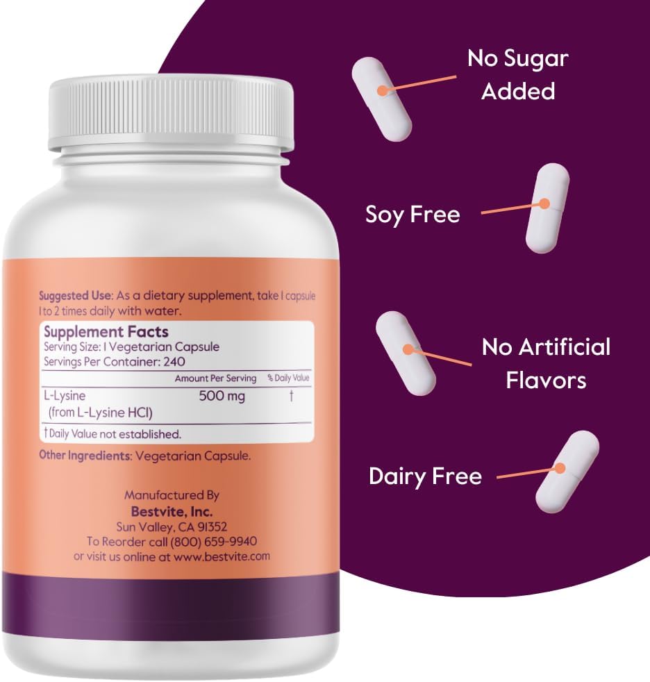 Vegan L-Lysine 500mg Capsules (240 Count) - Non GMO, Gluten Free, No Fillers or Flow Agents - Vegetarian Friendly