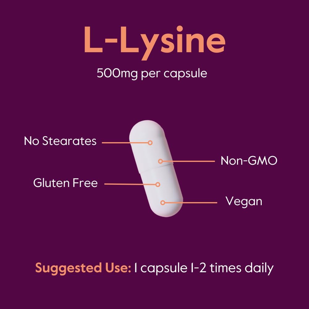 Vegan L-Lysine 500mg Capsules (240 Count) - Non GMO, Gluten Free, No Fillers or Flow Agents - Vegetarian Friendly