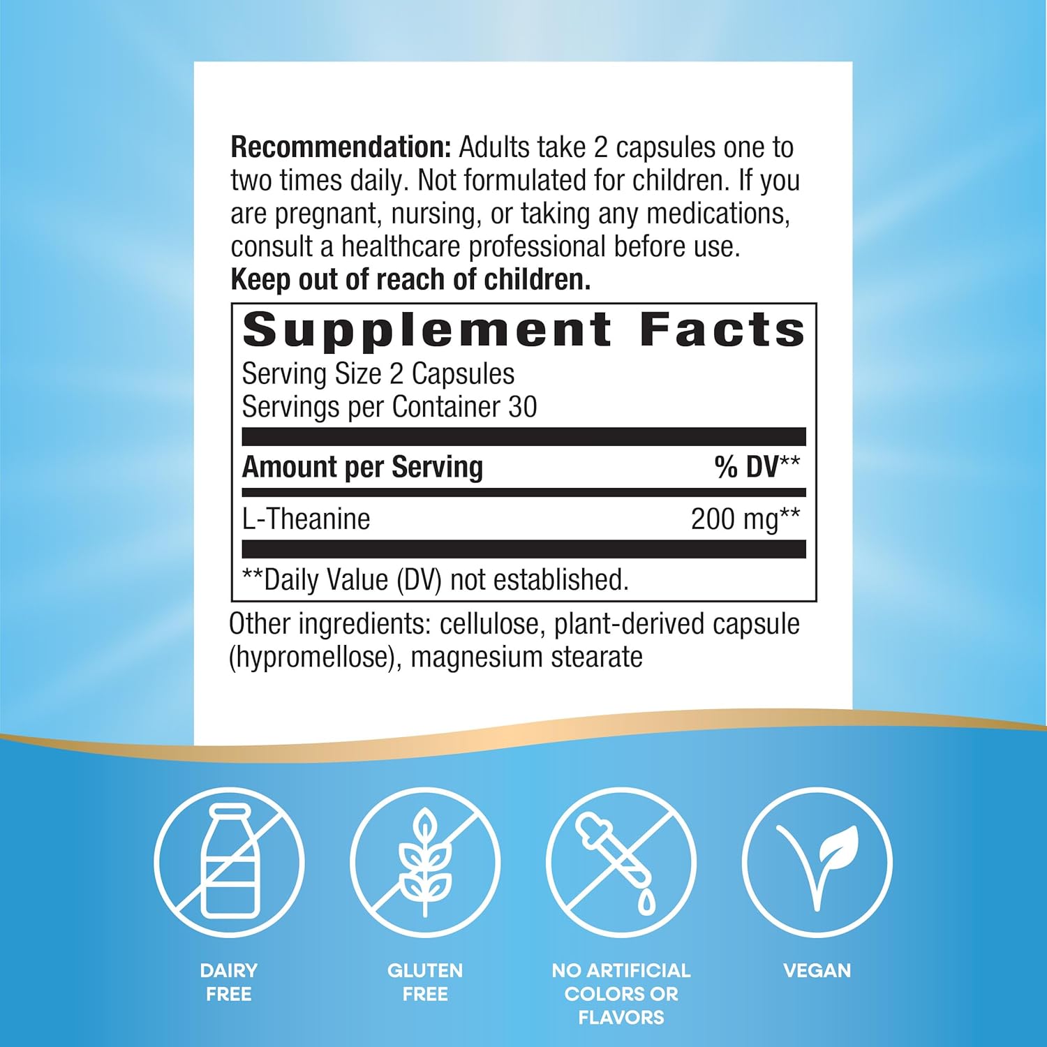 Vegan L-Theanine Capsules for Stress Support and Relaxation - 200mg, 60ct