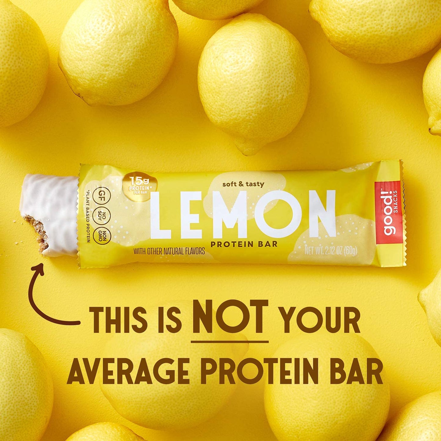 Vegan Lemon Protein Bars - Gluten-Free, Plant Based, Low Sugar, Kosher, Soy Free, Non GMO - 15g Protein (12 Bars)