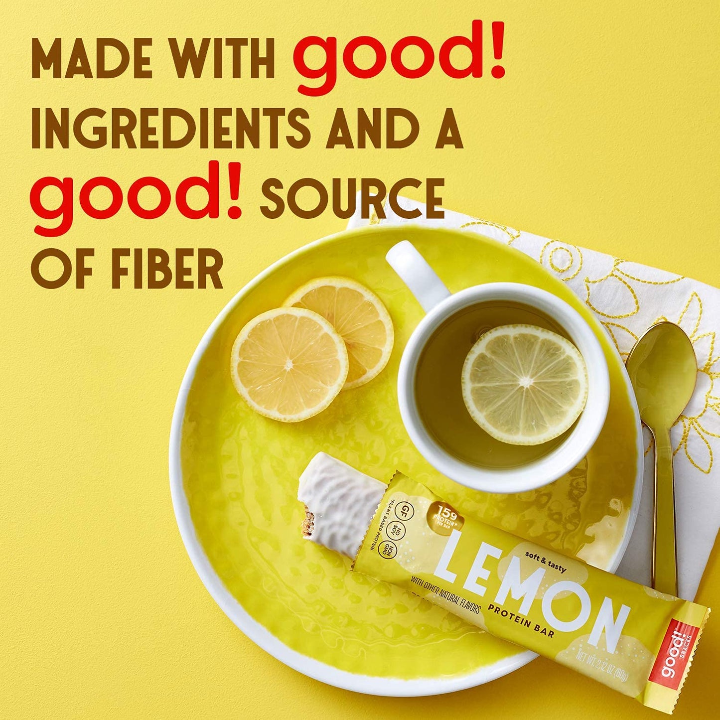 Vegan Lemon Protein Bars - Gluten-Free, Plant Based, Low Sugar, Kosher, Soy Free, Non GMO - 15g Protein (12 Bars)