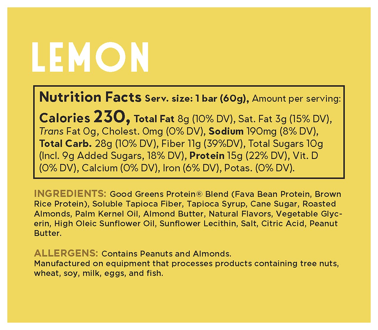 Vegan Lemon Protein Bars - Gluten-Free, Plant Based, Low Sugar, Kosher, Soy Free, Non GMO - 15g Protein (12 Bars)