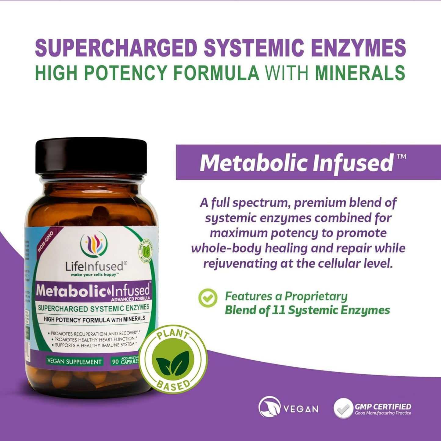 Vegan Life Infused Metabolic Support with 11 Enzymes & 72 Minerals for Immune Health - 90 Servings