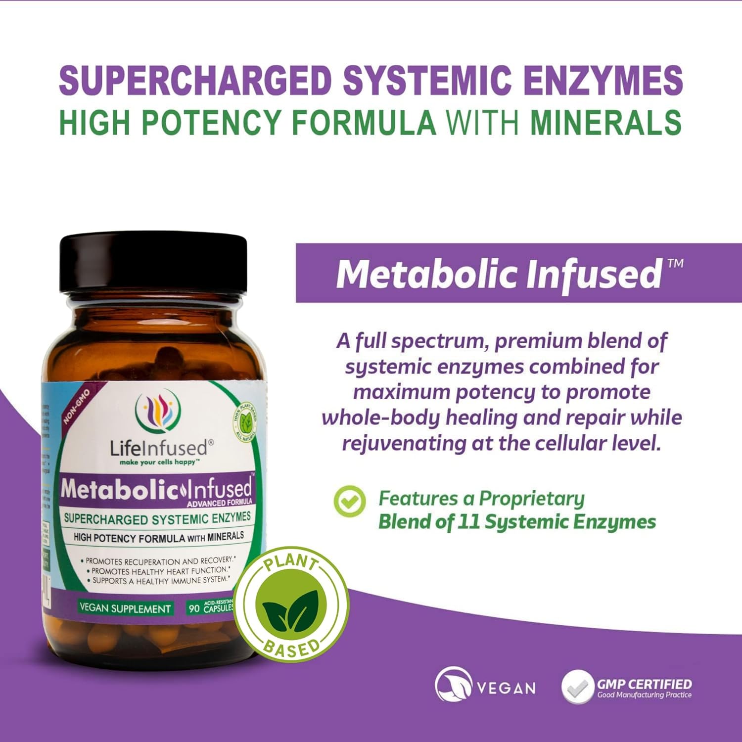 Vegan Life Infused Metabolic Support with 11 Enzymes & 72 Minerals for Immune Health - 90 Servings