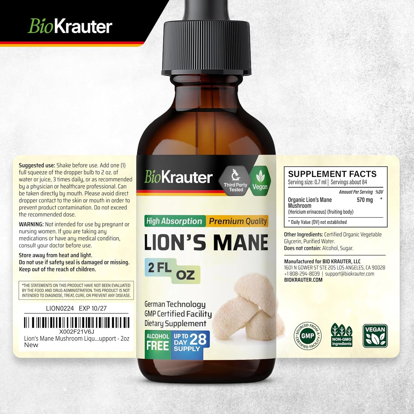 Vegan Lions Mane Liquid Extract - Mushroom Brain Support Supplement - Alcohol & Sugar Free Drops - 2 Fl.Oz.