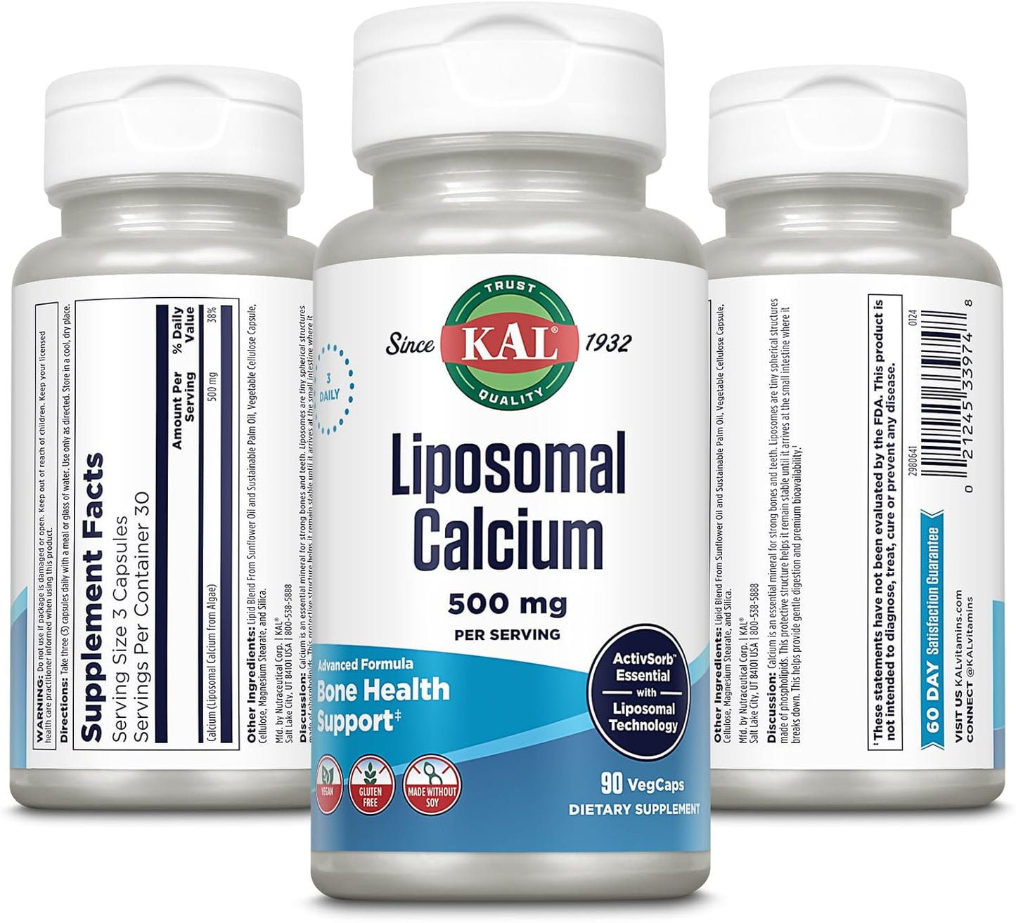 Vegan Liposomal Calcium Supplement 500 mg for High Absorption, Gluten-Free, Soy-Free, 30 Servings - 90 VegCaps, Essential Support