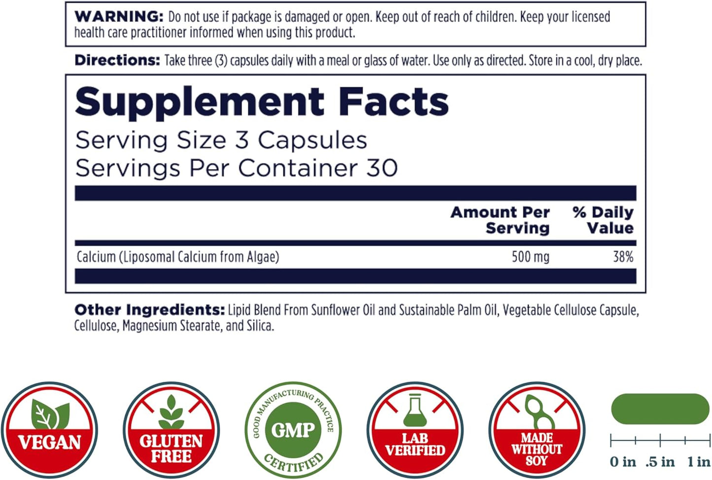 Vegan Liposomal Calcium Supplement 500 mg for High Absorption, Gluten-Free, Soy-Free, 30 Servings - 90 VegCaps, Essential Support