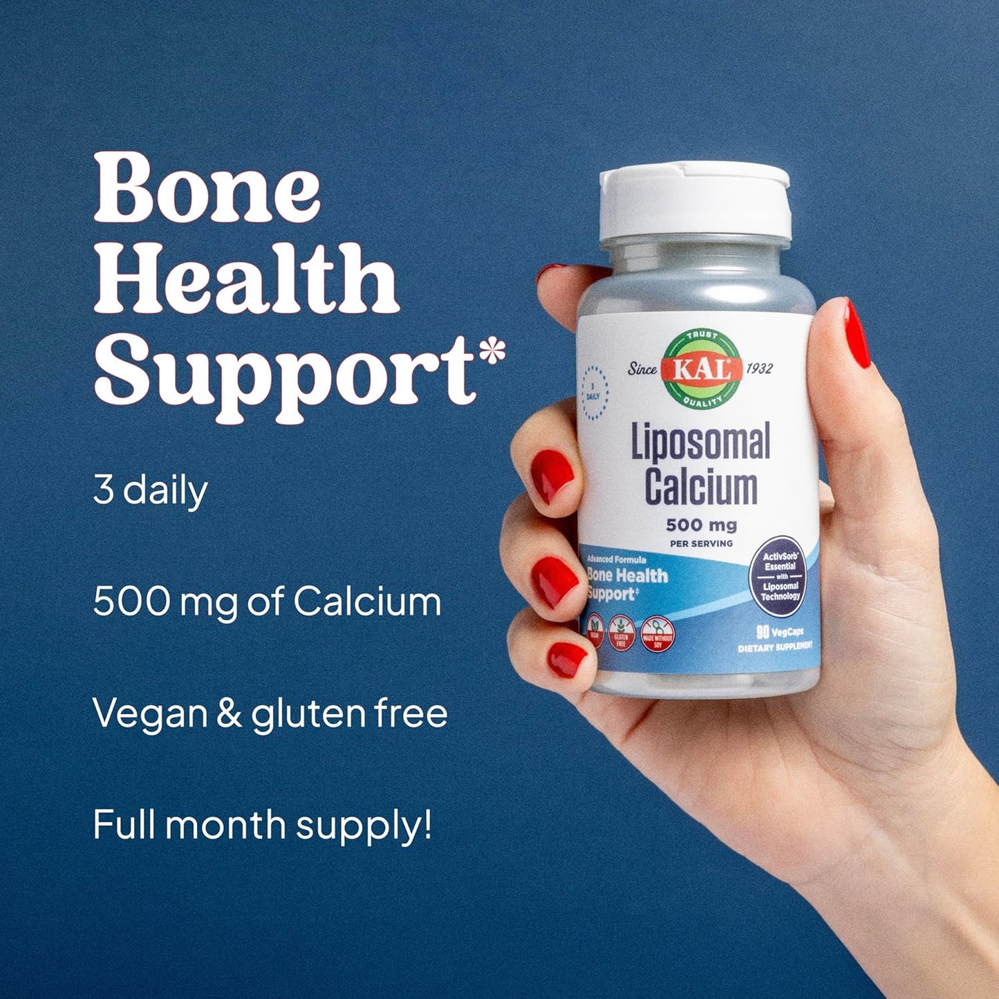 Vegan Liposomal Calcium Supplement 500 mg for High Absorption, Gluten-Free, Soy-Free, 30 Servings - 90 VegCaps, Essential Support