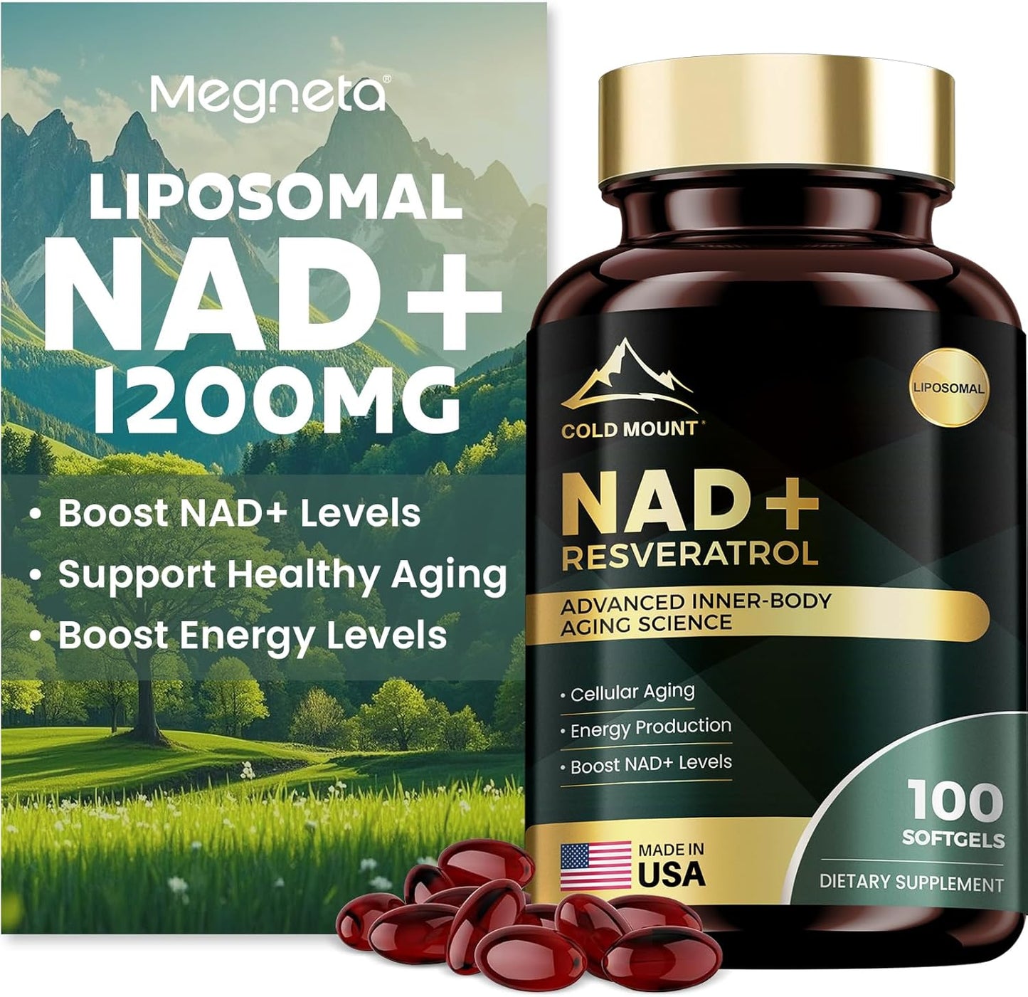 Vegan Liposomal NAD+ Supplement with Trans Resveratrol - Boost Energy & Anti-Aging - 1200mg, 100 Softgels