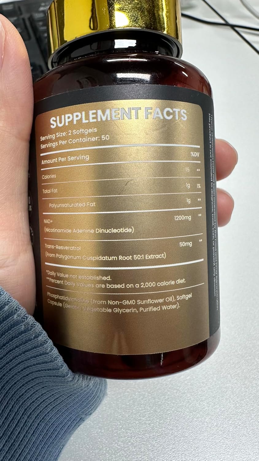 Vegan Liposomal NAD+ Supplement with Trans Resveratrol - Boost Energy & Anti-Aging - 1200mg, 100 Softgels