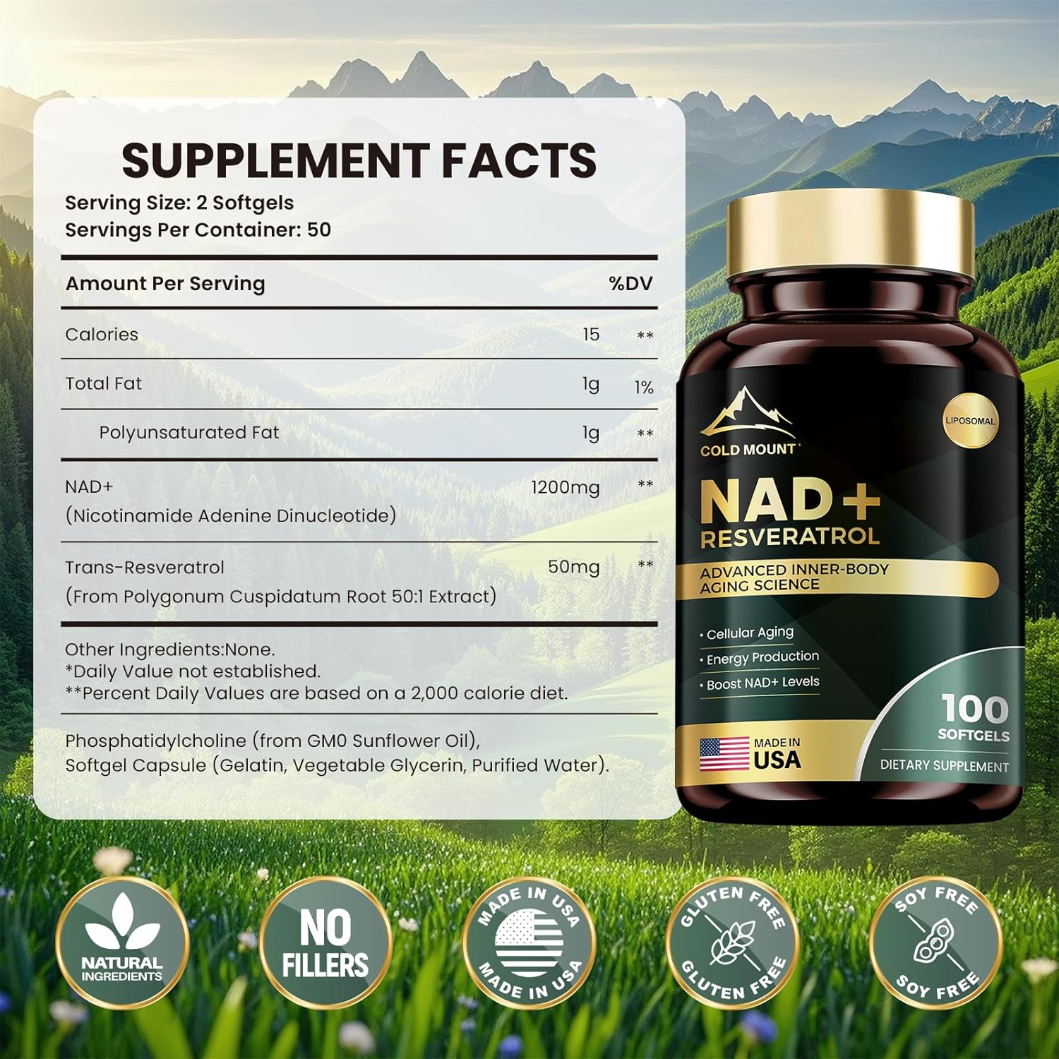 Vegan Liposomal NAD+ Supplement with Trans Resveratrol - Boost Energy & Anti-Aging - 1200mg, 100 Softgels