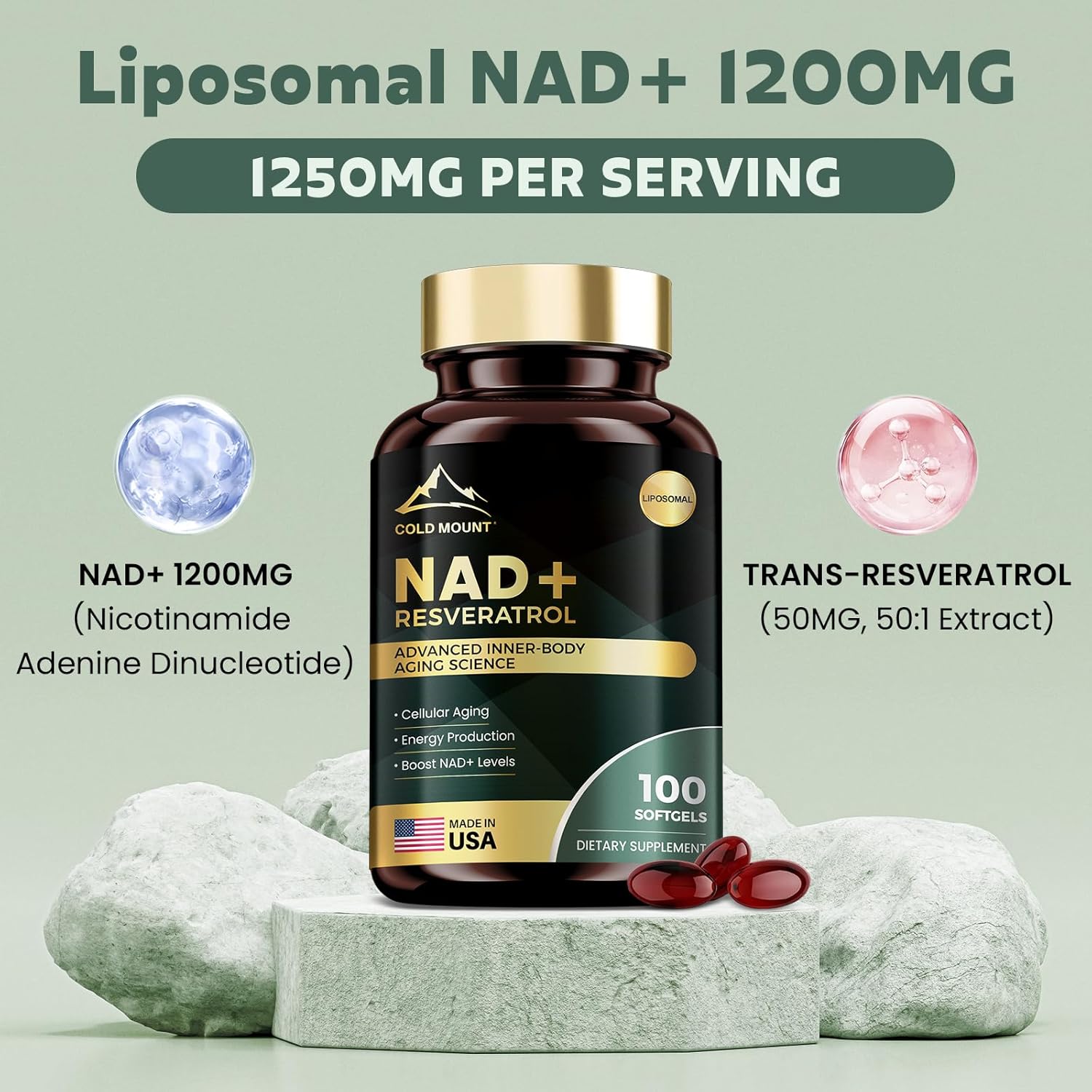Vegan Liposomal NAD+ Supplement with Trans Resveratrol - Boost Energy & Anti-Aging - 1200mg, 100 Softgels